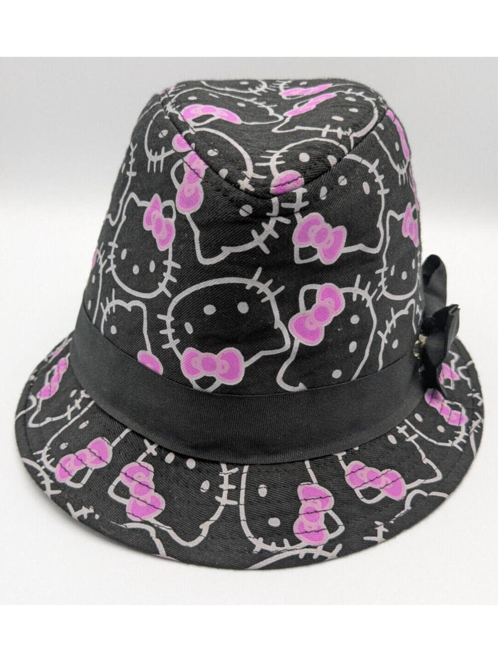 Sanrio Hello Kitty Black Fedora Hat, Cotton, Pink Bow Print, Black Ribbon 2012